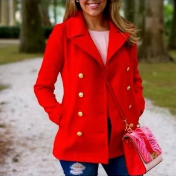 J Crew Wool Blend Double Breasted Pea Coat Red Gold Crested Buttons Size 00 XXS - Picture 12 of 12